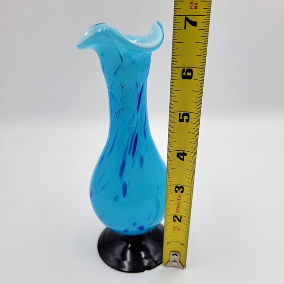 Vintage Blown Art Glass Bud Vase Blue Confetti Splatter Black Pedestal Bottom - Picture 11 of 12